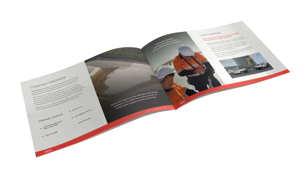 An open company brochure showing information pages, including a company overview, images of workers in safety gear at a construction site, and text about the company’s purpose. The design uses red accents.