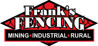 Logo for Frank's Fencing featuring large white text on a red diamond background with black chain-link design. Below, it reads "Mining • Industrial • Rural" in white on a red banner.