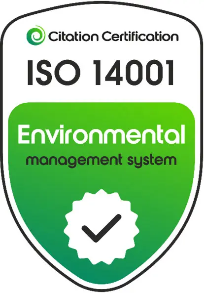 A badge displaying "Citation Certification ISO 14001 Environmental management system" with a check mark inside a white seal on a green background.