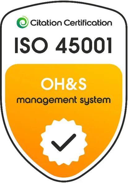 A shield-shaped badge with the text "Citation Certification ISO 45001 OH&S management system" and a checkmark icon in a white circle, symbolizing occupational health and safety certification.