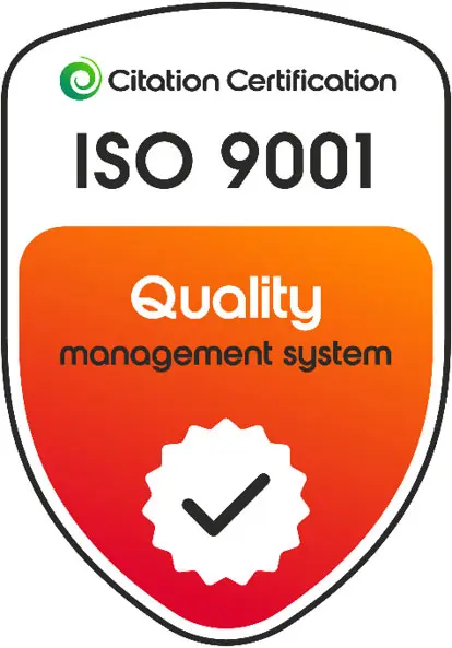A badge with the text "Citation Certification ISO 9001 Quality management system" and a white checkmark inside a seal, indicating ISO 9001 certification for quality management.