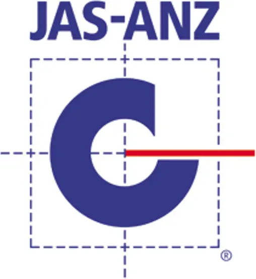 JAS-ANZ logo featuring a large blue letter "C" within a dashed square, intersected by a horizontal red line, with "JAS-ANZ" in bold blue letters above.
